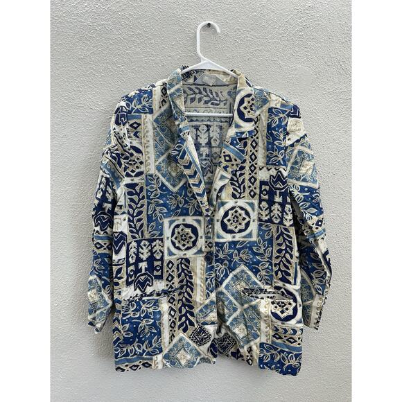 Blair Womens Blazer Size Large Blue Tan Abstract ButtonUp LongSleeve Lightweight - Picture 1 of 11